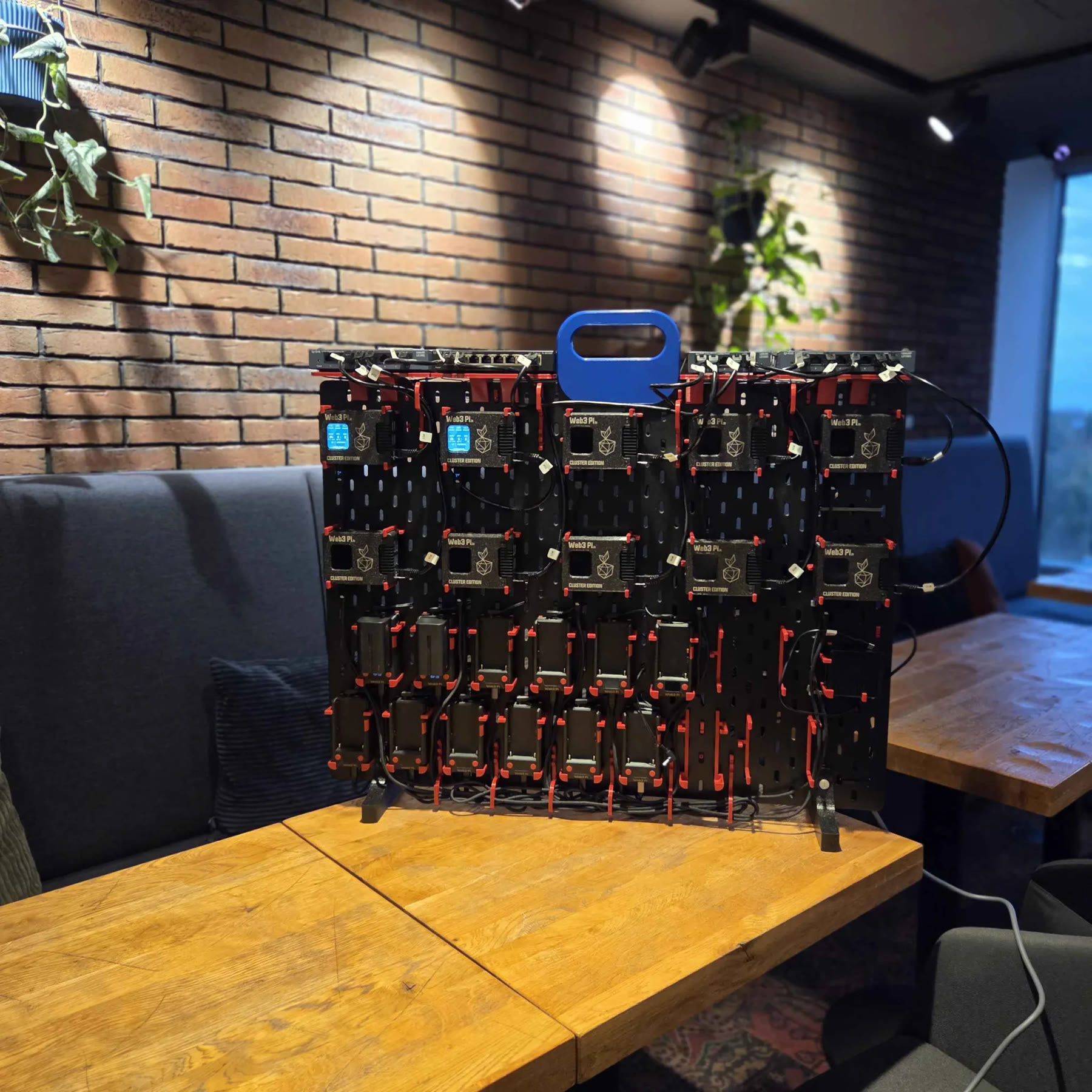 The finished cluster on a wooden café table in front of a brick wall