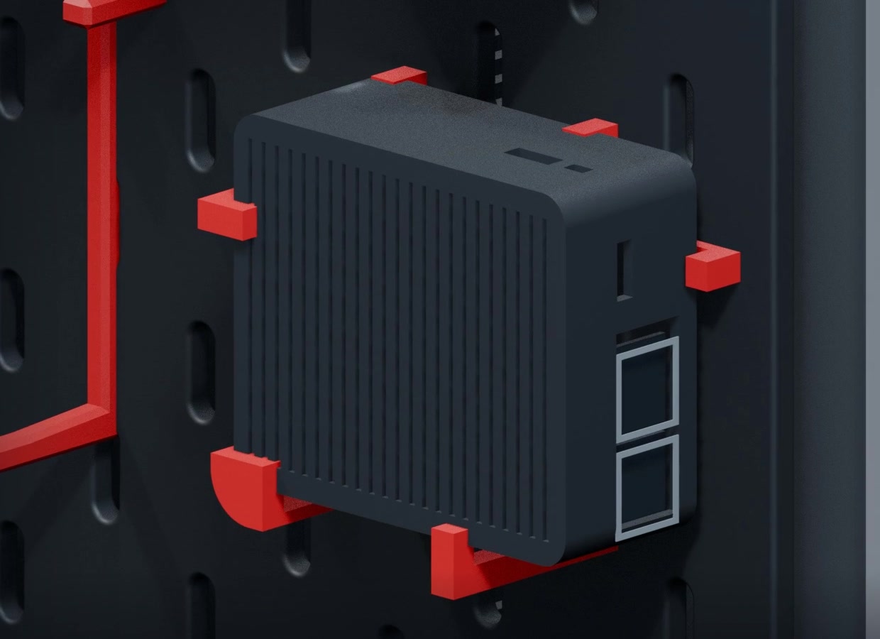 The CM4 OpenWrt router in its finned aluminum DFRobot enclosure, mounted on red brackets