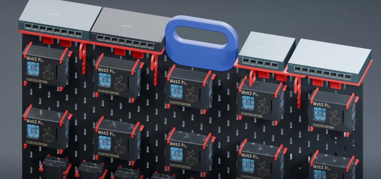 The top shelf with four TP-Link switches and the blue carry handle above the first rows of nodes